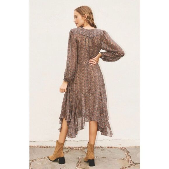 Dress Forum Rhapsody‎ Chiffon Shark-bite Hem Midi Dress Brown Size M - Picture 2 of 12
